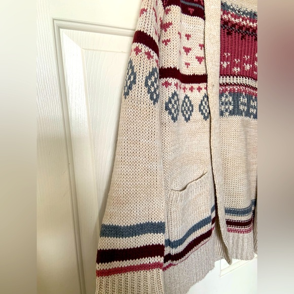 Pink Republic Nordiac style sweater cardigan sz L, creamy tan/pink/burgundy/blue - Picture 7 of 11